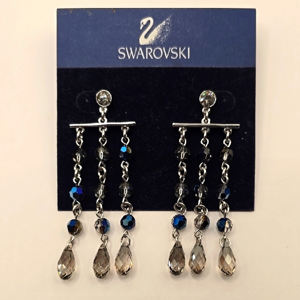 Swarovski Crystal Silver & Blue Dangle Pierced Earrings Old New Stock